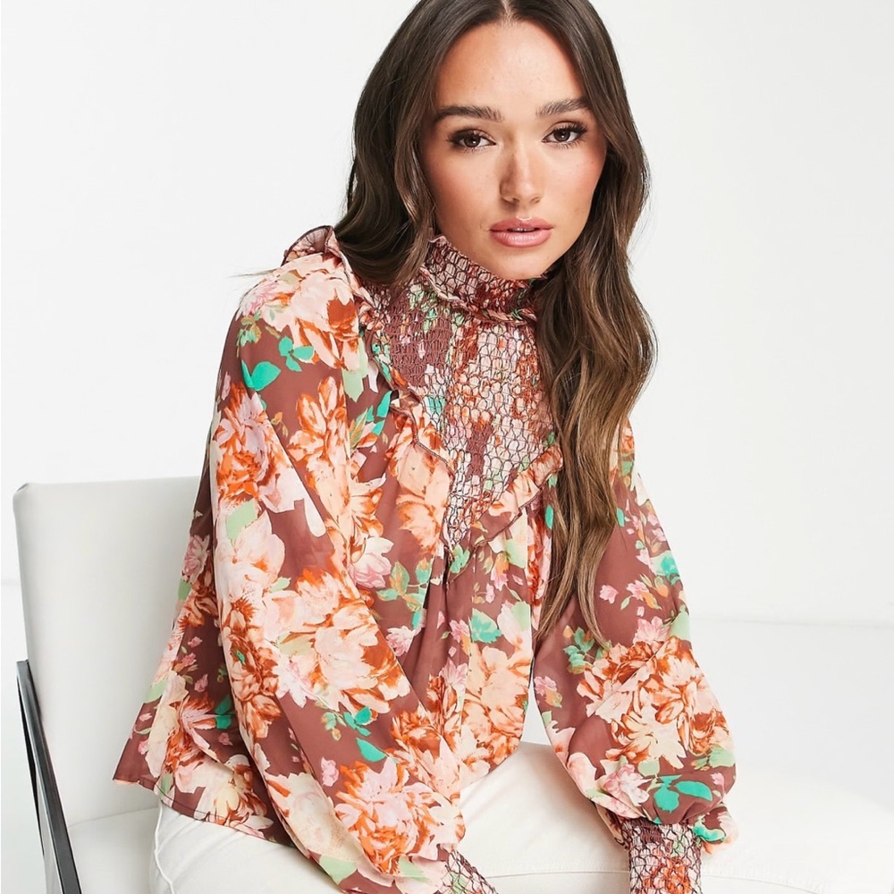 ASOS DESIGN High Neck Shirred Long Sleeve Blouse with Frill Detail